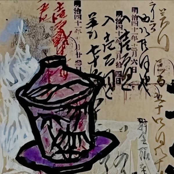Detail: handwritten account entries dated 明治四十一年 (1908) beneath a lidded cup