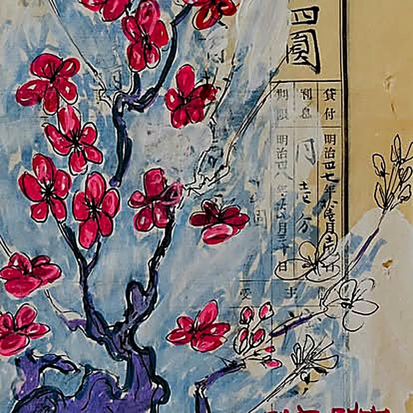 Untitled (Red Plum), ink and gouache on meiji-era japanese ledger paper