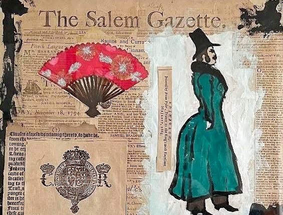 Untitled (The Salem Gazette), gouache, ink and collage on antique newspaper