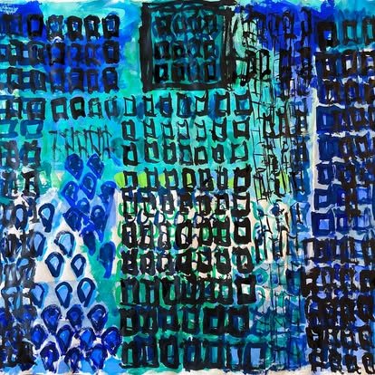 Untitled (Script in Blue and Green), ink and paint on paper