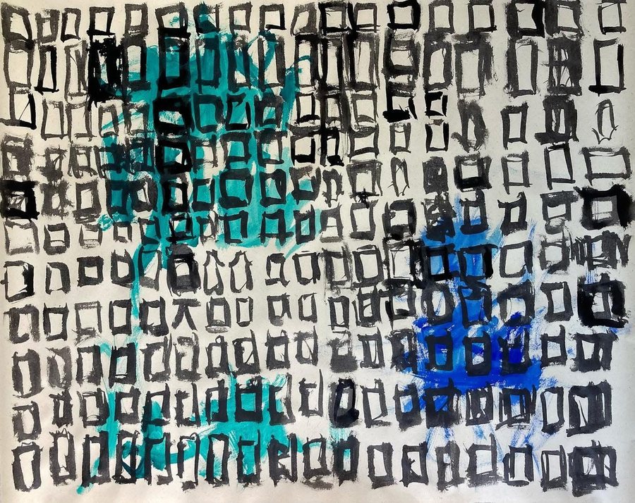 Untitled (Script with Teal and Blue), ink and gouache on paper